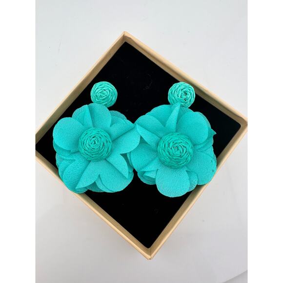 Teal Cloth Flower Earrings - CUTE! - Picture 6 of 6